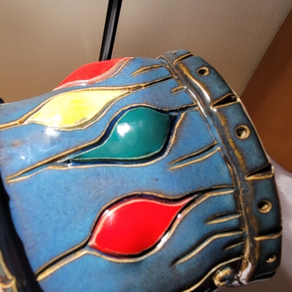 Rare Piece Vintage Handmade Decorative Bowl Signed Ceramic Pottery Blue Red Etc - Picture 9 of 11